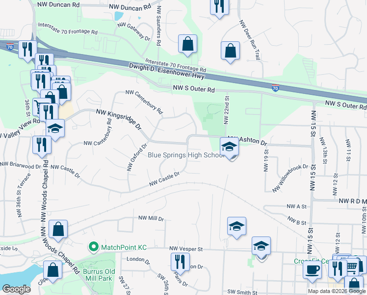 map of restaurants, bars, coffee shops, grocery stores, and more near 2508 Northwest Camelot Place in Blue Springs