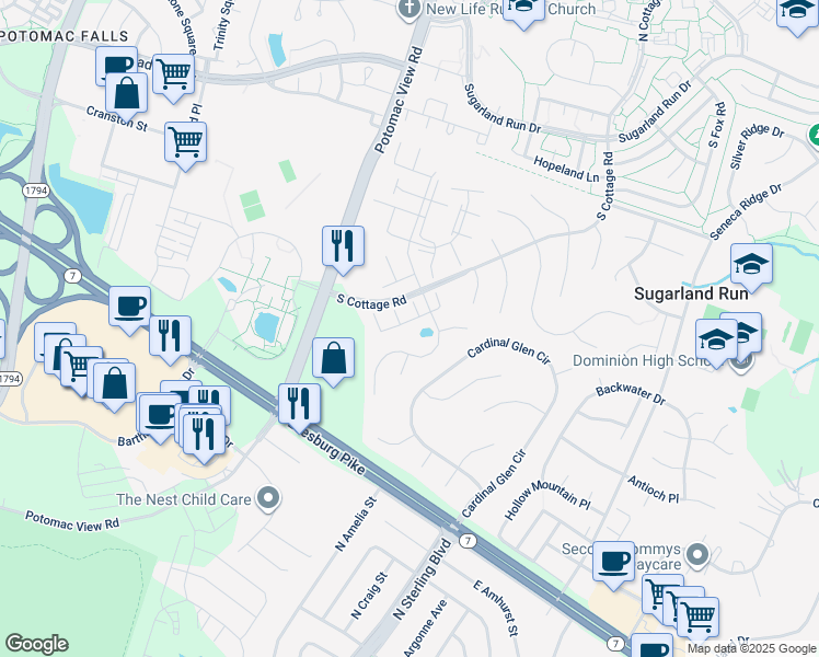 map of restaurants, bars, coffee shops, grocery stores, and more near 211 Beacon Drive in Sterling
