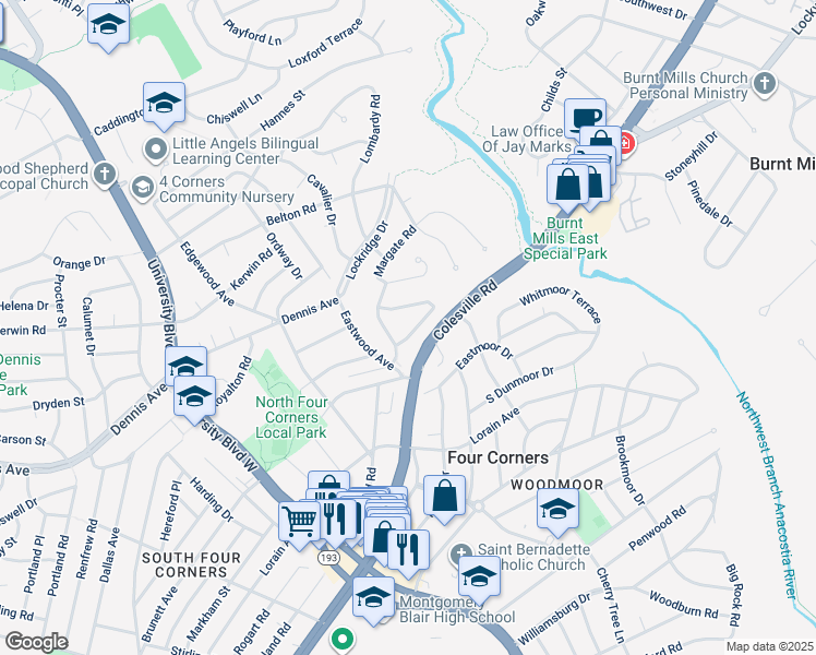 map of restaurants, bars, coffee shops, grocery stores, and more near 24 Kinsman View Circle in Silver Spring