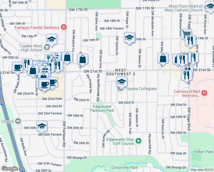 map of restaurants, bars, coffee shops, grocery stores, and more near 2220-2224 Southwest Edgewater Terrace in Topeka