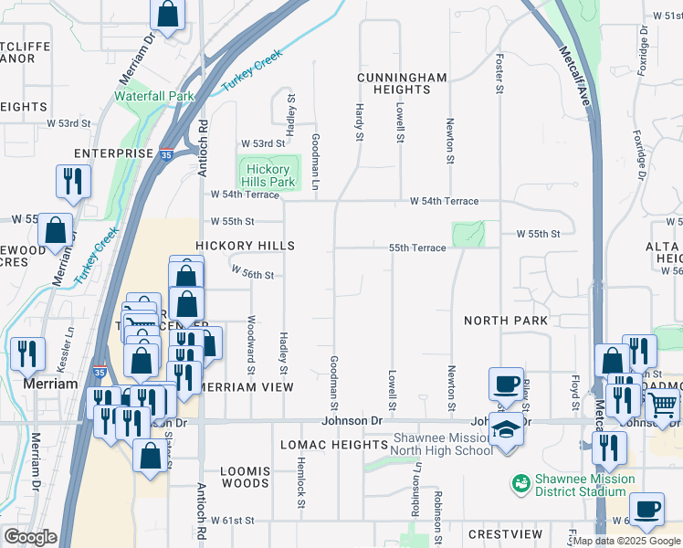 map of restaurants, bars, coffee shops, grocery stores, and more near 8150 West 56th Terrace in Mission
