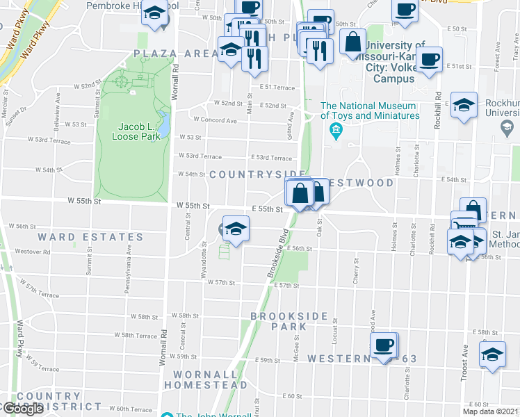 map of restaurants, bars, coffee shops, grocery stores, and more near E 55th St & Westover Rd in Kansas City