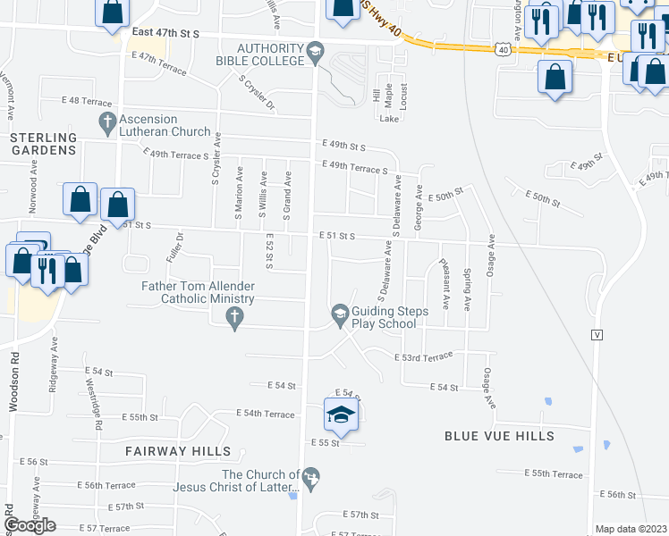 map of restaurants, bars, coffee shops, grocery stores, and more near 5125 South Cottage Avenue in Independence