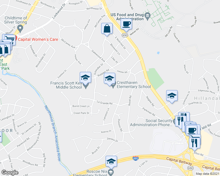 map of restaurants, bars, coffee shops, grocery stores, and more near 1234 Cresthaven Drive in Silver Spring