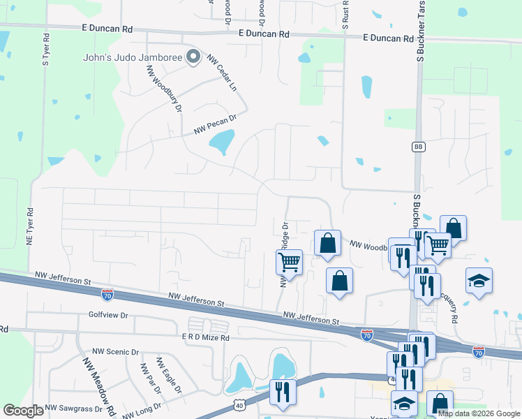 map of restaurants, bars, coffee shops, grocery stores, and more near 1212 Northwest Valley Ridge Drive in Grain Valley