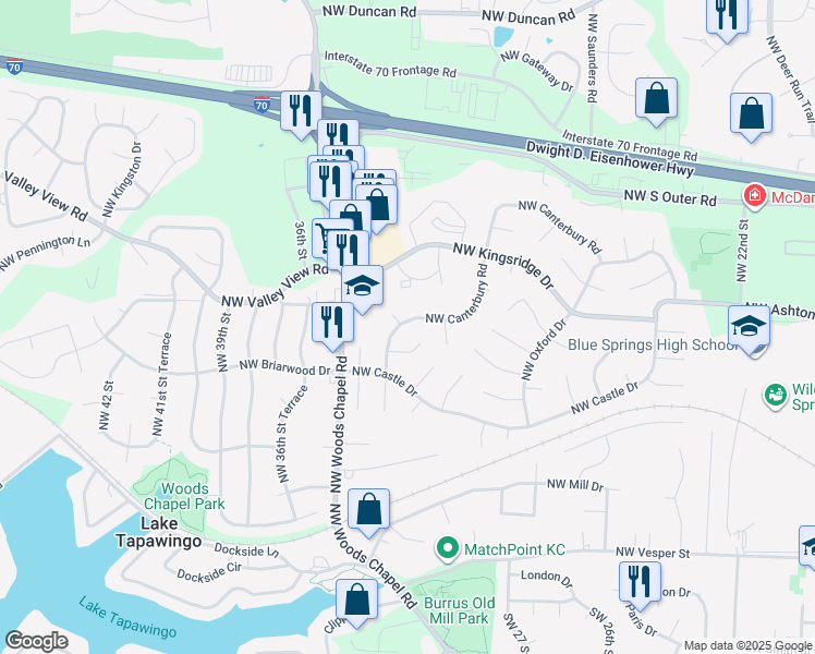 map of restaurants, bars, coffee shops, grocery stores, and more near 3212 Northwest Canterbury Road in Blue Springs