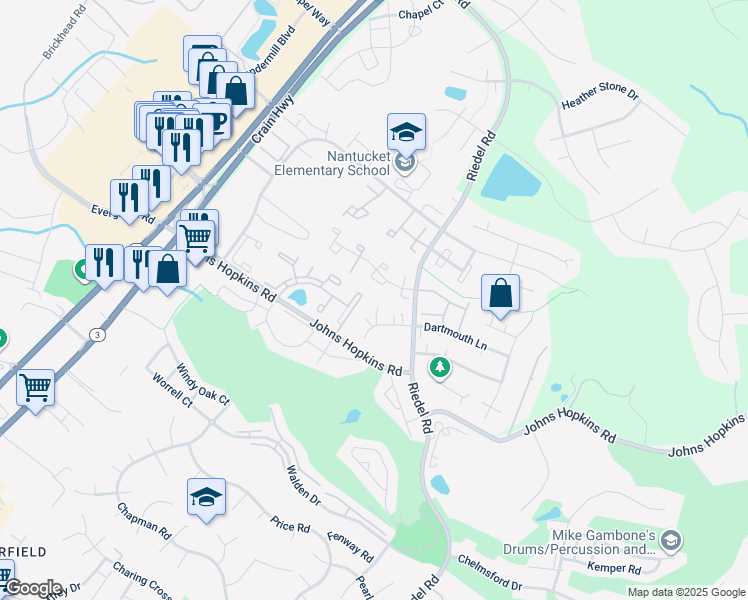 map of restaurants, bars, coffee shops, grocery stores, and more near 2436 Hyannis Lane in Crofton