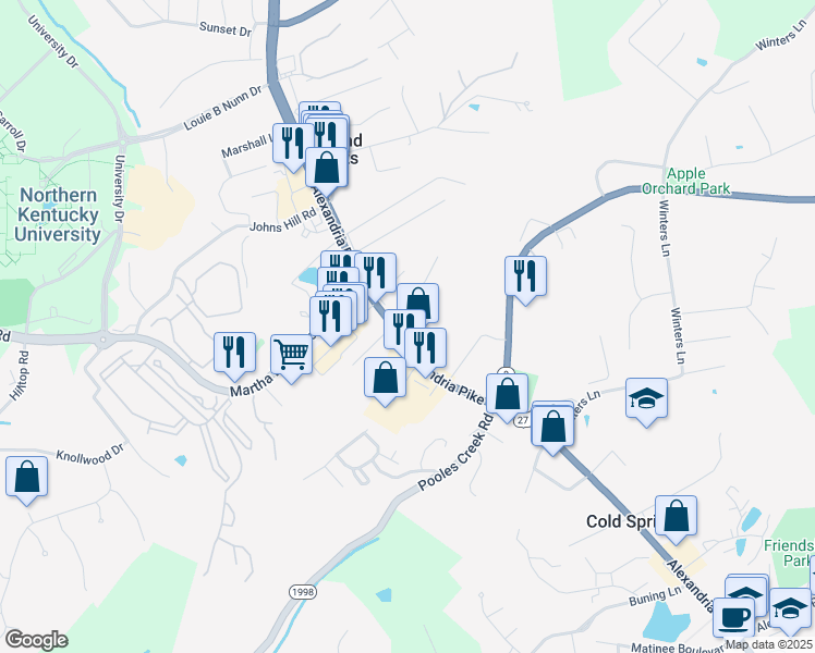 map of restaurants, bars, coffee shops, grocery stores, and more near 3701 Alexandria Pike in Cold Spring