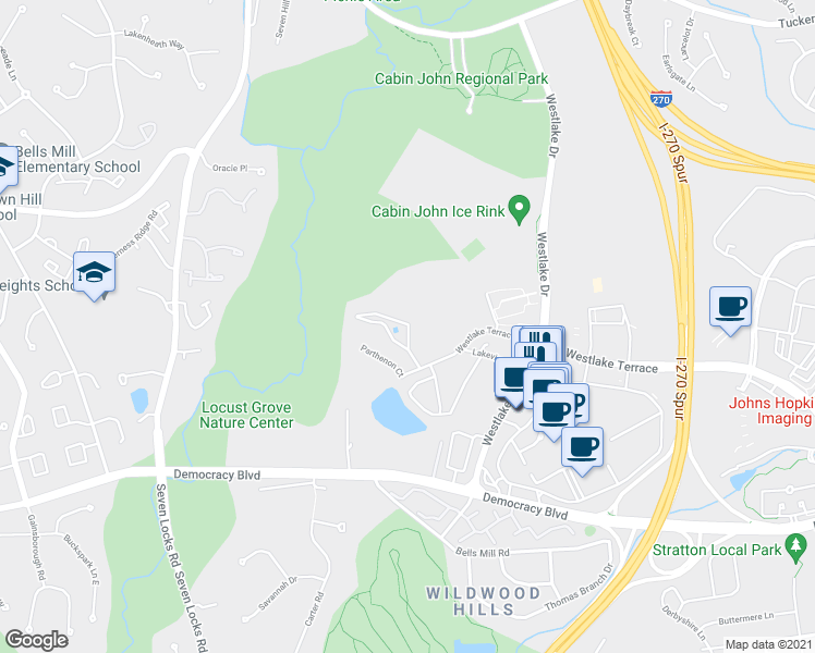 map of restaurants, bars, coffee shops, grocery stores, and more near 7504 Spring Lake Drive in Bethesda