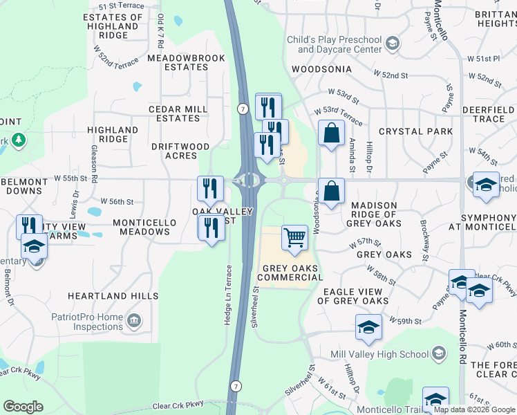 map of restaurants, bars, coffee shops, grocery stores, and more near 5539 Kansas 7 in Shawnee