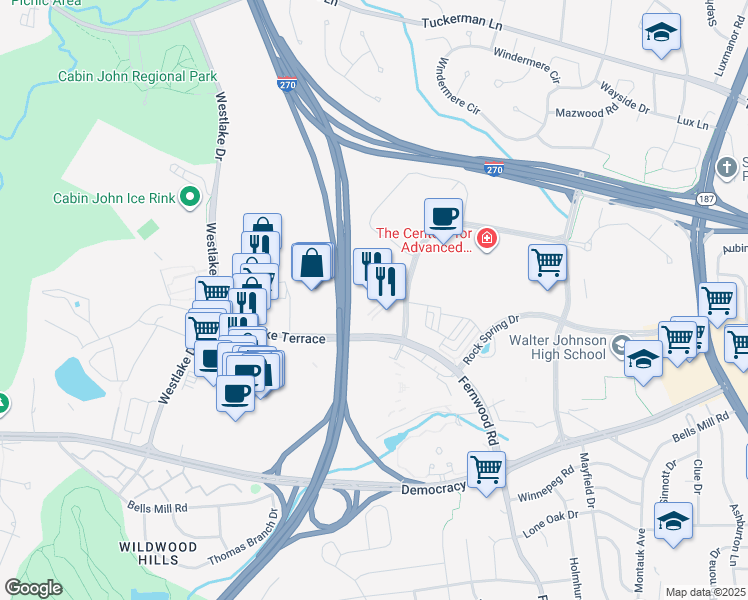 map of restaurants, bars, coffee shops, grocery stores, and more near 6903 Rockledge Drive in Bethesda