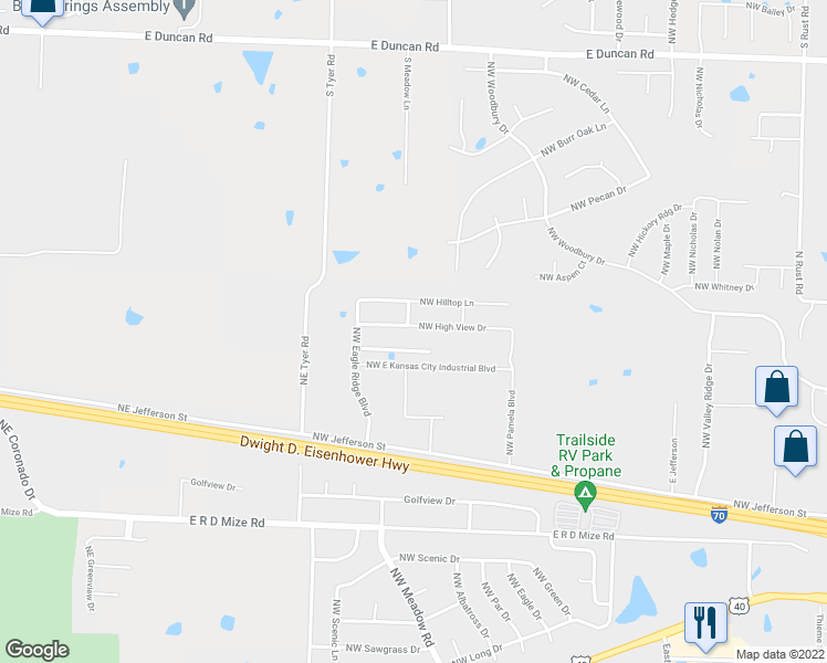 map of restaurants, bars, coffee shops, grocery stores, and more near 1505 Northwest High View Drive in Grain Valley