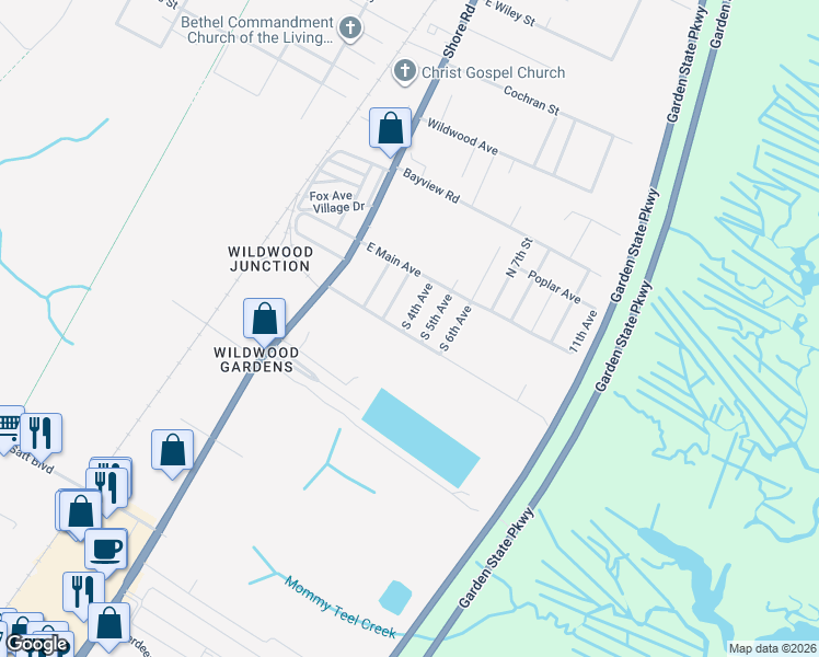 map of restaurants, bars, coffee shops, grocery stores, and more near 400 East Edgewood Avenue in Middle Township