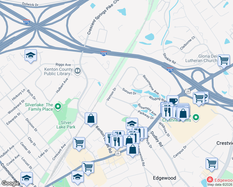map of restaurants, bars, coffee shops, grocery stores, and more near 128 Parkway Drive in Crestview Hills