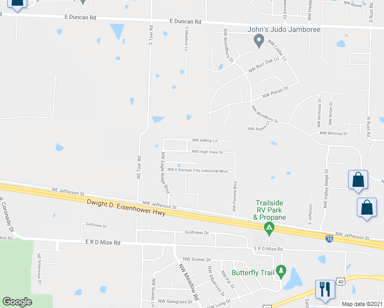 map of restaurants, bars, coffee shops, grocery stores, and more near 1503 Northwest High View Drive in Grain Valley