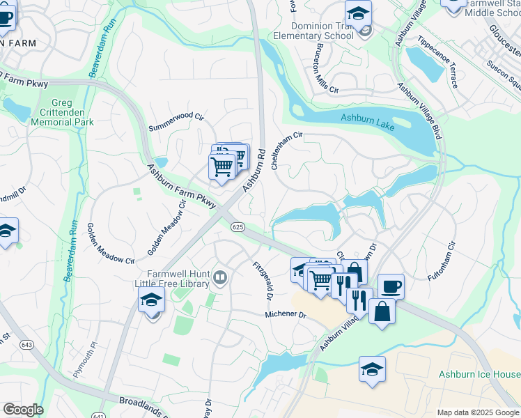 map of restaurants, bars, coffee shops, grocery stores, and more near 43848 Dodge Terrace in Ashburn