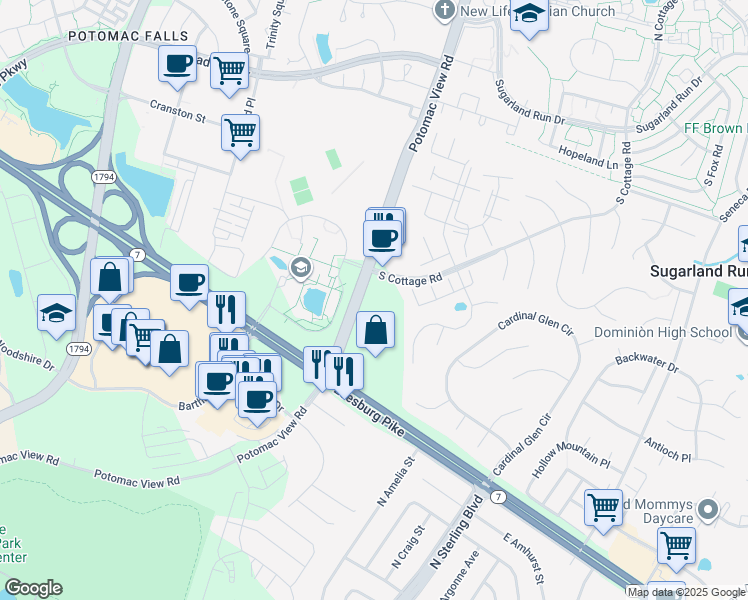 map of restaurants, bars, coffee shops, grocery stores, and more near 21245 Signal Hill Plaza in Sterling