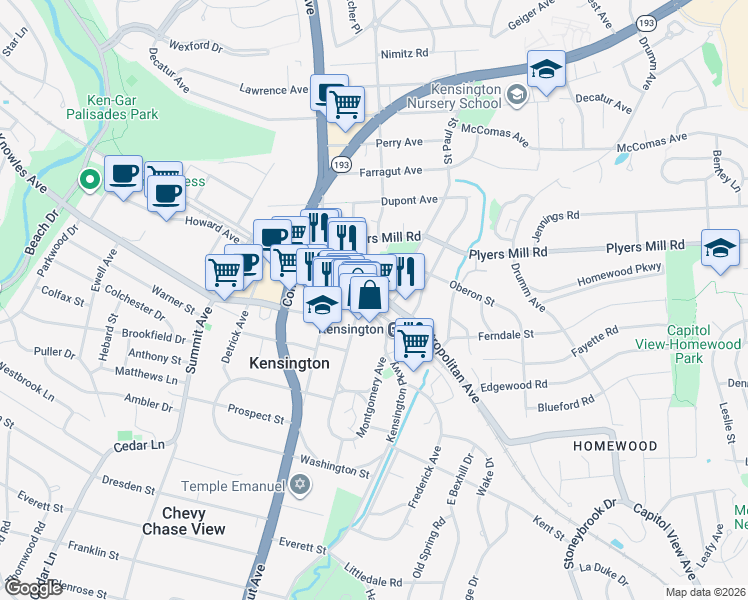 map of restaurants, bars, coffee shops, grocery stores, and more near 10500 Saint Paul Street in Kensington