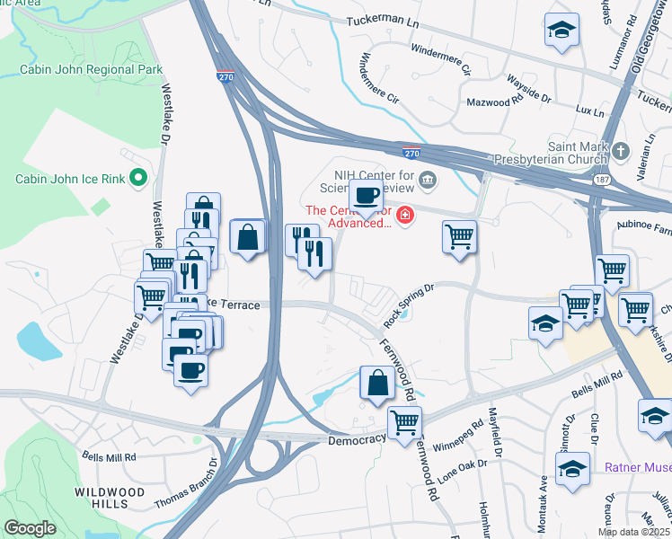 map of restaurants, bars, coffee shops, grocery stores, and more near 6928 Rockledge Drive in Bethesda