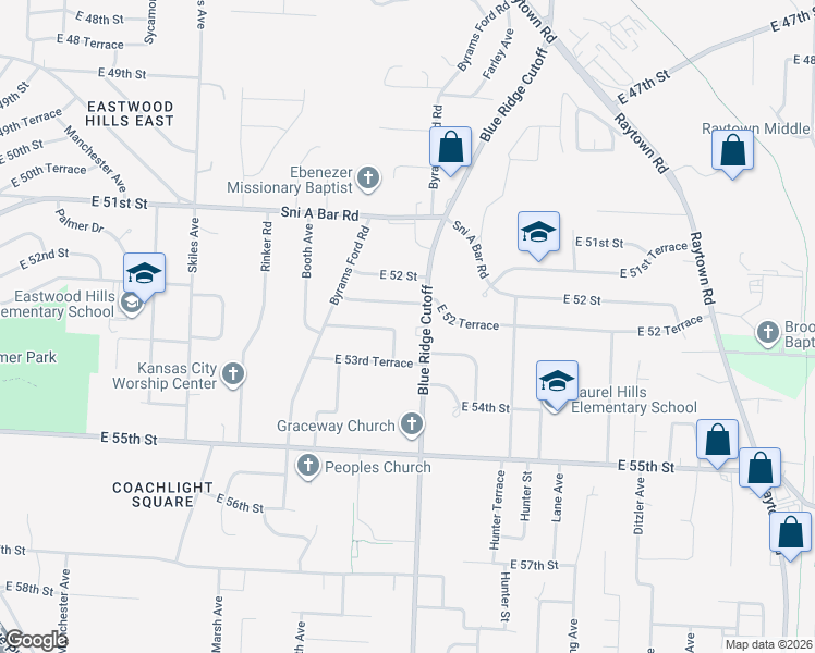 map of restaurants, bars, coffee shops, grocery stores, and more near 8656 East 53rd Street in Raytown