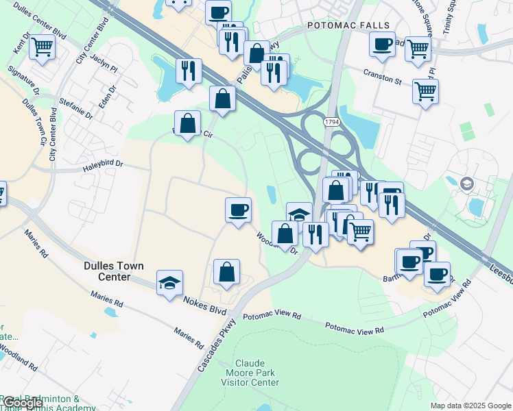 map of restaurants, bars, coffee shops, grocery stores, and more near 21575 Ridgetop Circle in Sterling