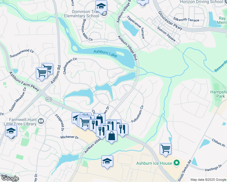 map of restaurants, bars, coffee shops, grocery stores, and more near 21267 Victorias Cross Terrace in Ashburn