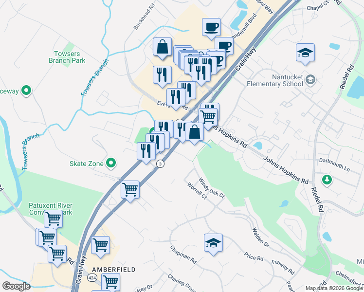 map of restaurants, bars, coffee shops, grocery stores, and more near 1051 Robert Crain Highway in Crofton