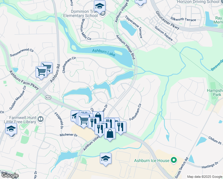 map of restaurants, bars, coffee shops, grocery stores, and more near 21267 Victorias Cross Terrace in Ashburn