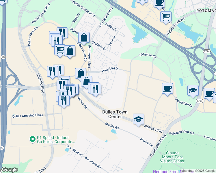 map of restaurants, bars, coffee shops, grocery stores, and more near 21258 Windmill Parc Drive in Sterling