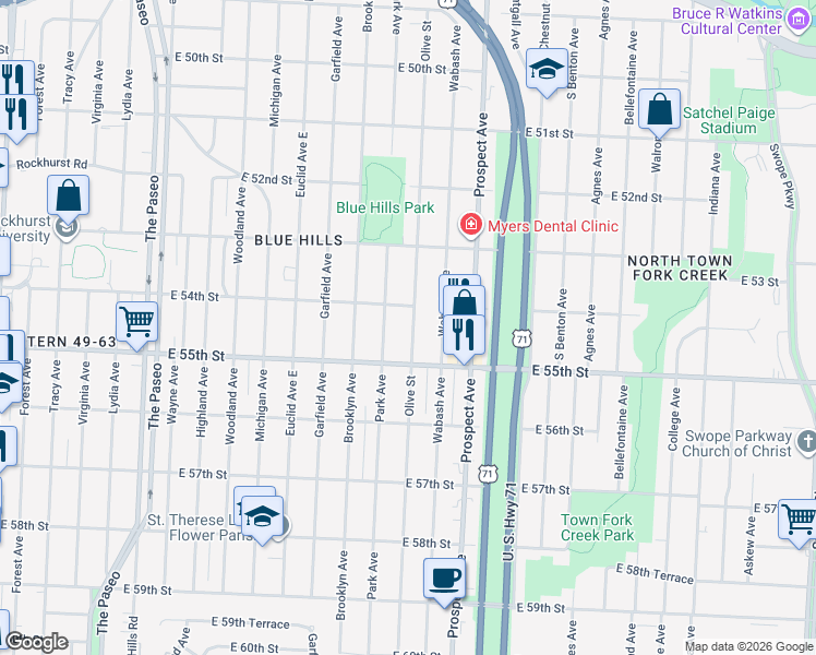 map of restaurants, bars, coffee shops, grocery stores, and more near 5347 Olive Street in Kansas City