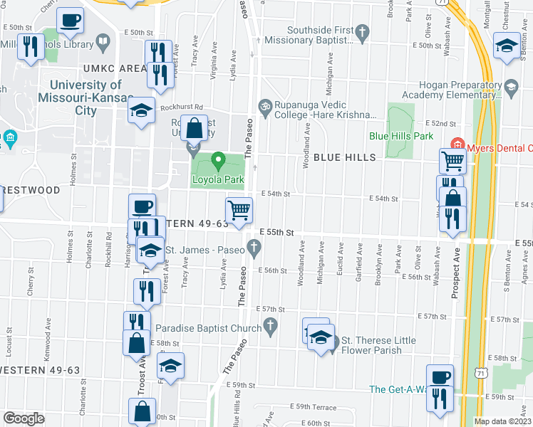 map of restaurants, bars, coffee shops, grocery stores, and more near 5426 Wayne Avenue in Kansas City