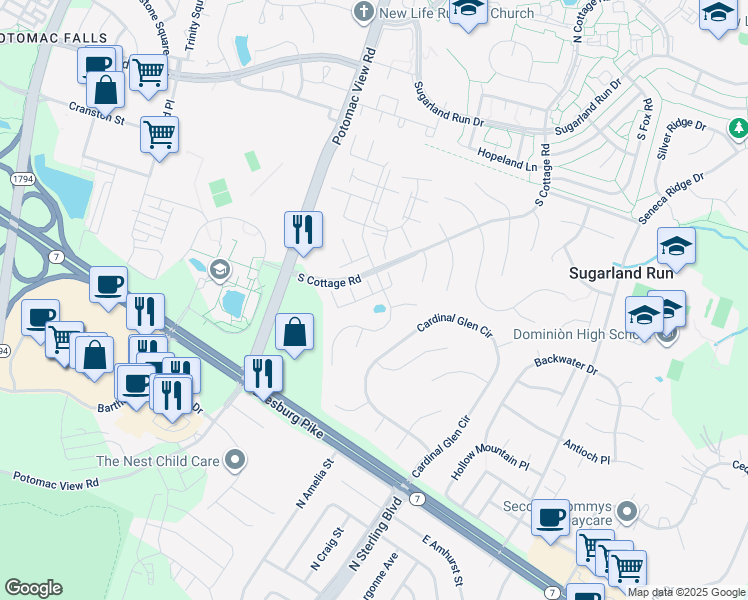 map of restaurants, bars, coffee shops, grocery stores, and more near 205 Beacon Drive in Sterling