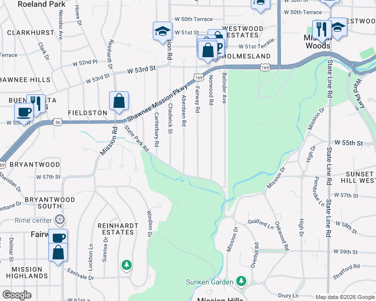 map of restaurants, bars, coffee shops, grocery stores, and more near 5528 Aberdeen Street in Fairway