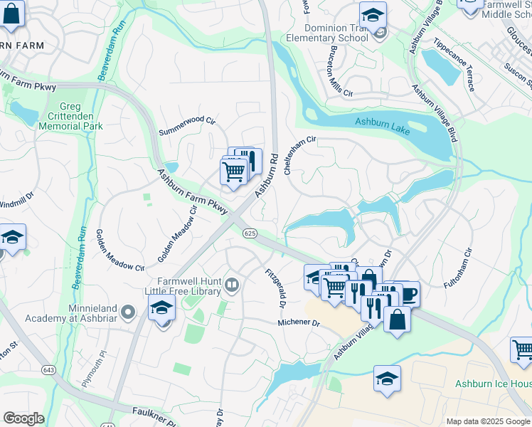 map of restaurants, bars, coffee shops, grocery stores, and more near 43848 Dodge Terrace in Ashburn