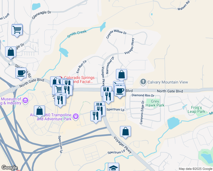 map of restaurants, bars, coffee shops, grocery stores, and more near 715 Fox Run Circle in Colorado Springs