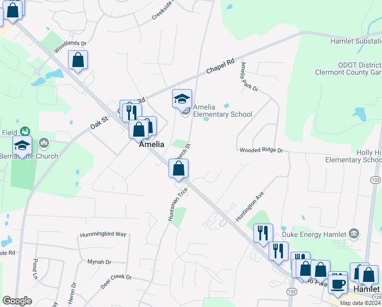 map of restaurants, bars, coffee shops, grocery stores, and more near 20 Church Street in Amelia