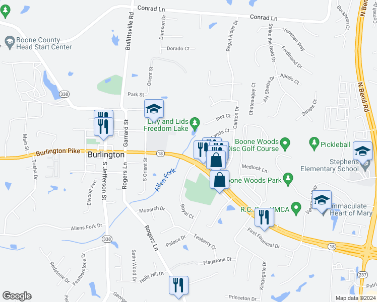 map of restaurants, bars, coffee shops, grocery stores, and more near 2748 Burlington Pike in Burlington