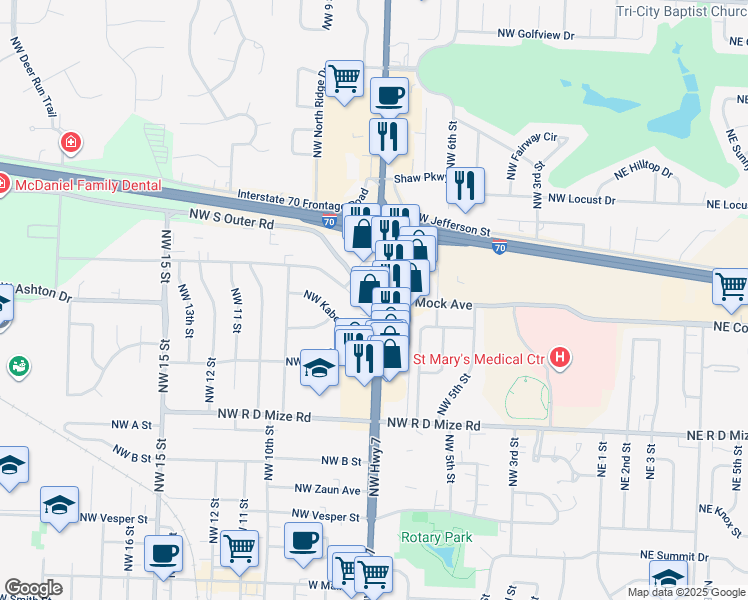 map of restaurants, bars, coffee shops, grocery stores, and more near 905M Southeast 7th Street in Blue Springs