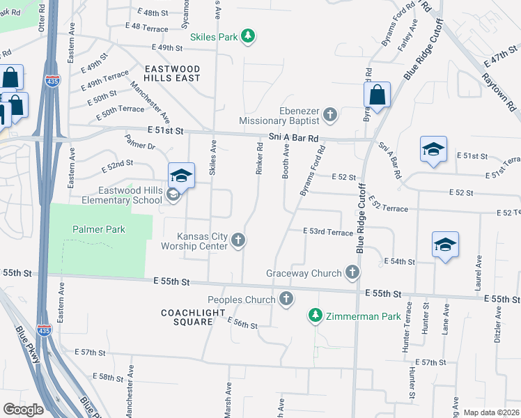 map of restaurants, bars, coffee shops, grocery stores, and more near 5134 Rinker Road in Kansas City