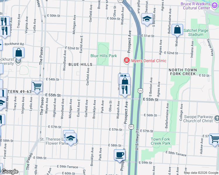 map of restaurants, bars, coffee shops, grocery stores, and more near 5347 Olive Street in Kansas City