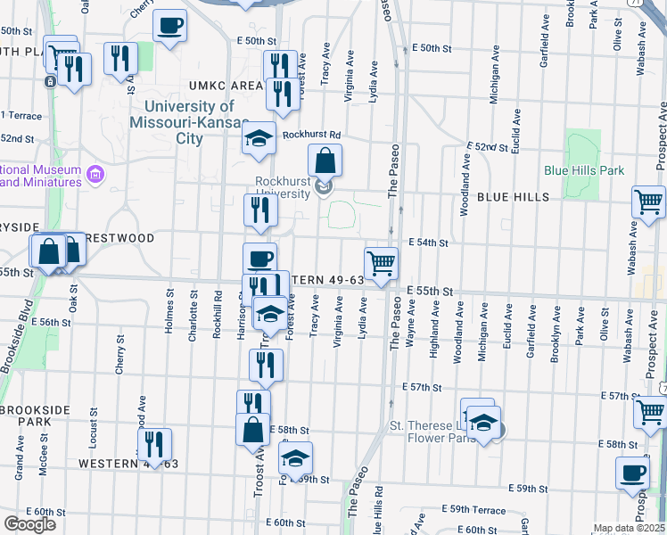 map of restaurants, bars, coffee shops, grocery stores, and more near 5408 Virginia Avenue in Kansas City