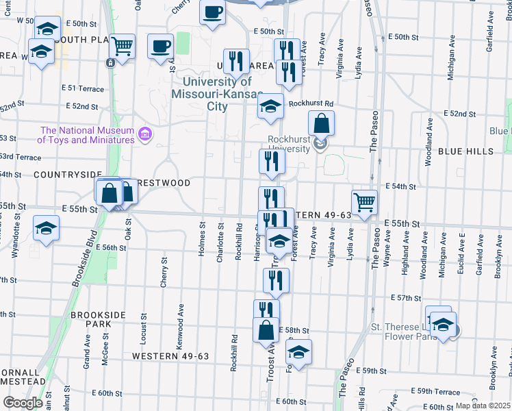 map of restaurants, bars, coffee shops, grocery stores, and more near 5408 Harrison Street in Kansas City