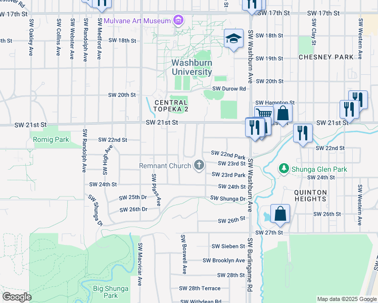 map of restaurants, bars, coffee shops, grocery stores, and more near 2120 Southwest Potomac Drive in Topeka