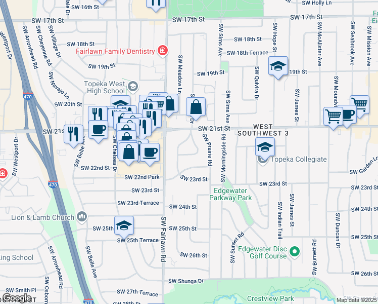 map of restaurants, bars, coffee shops, grocery stores, and more near 2107 Southwest Crest Drive in Topeka