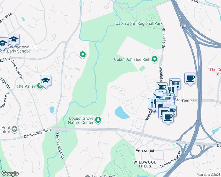 map of restaurants, bars, coffee shops, grocery stores, and more near 7533 Spring Lake Drive in Bethesda
