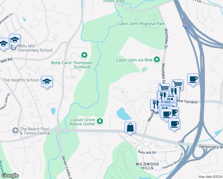 map of restaurants, bars, coffee shops, grocery stores, and more near 7535 Spring Lake Drive in Bethesda