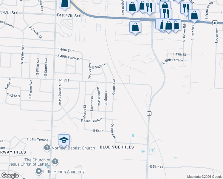 map of restaurants, bars, coffee shops, grocery stores, and more near 13401 East 51 Street South in Kansas City