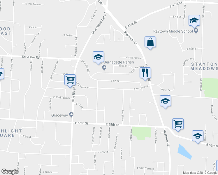 map of restaurants, bars, coffee shops, grocery stores, and more near 9008 East 52 Terrace in Raytown