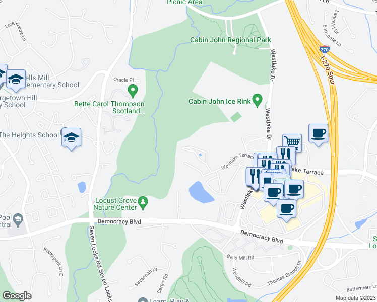 map of restaurants, bars, coffee shops, grocery stores, and more near 7534 Spring Lake Drive in Bethesda