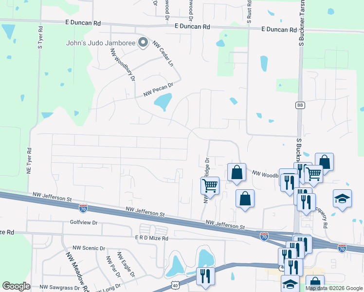map of restaurants, bars, coffee shops, grocery stores, and more near 613 Northwest Woodbury Drive in Grain Valley